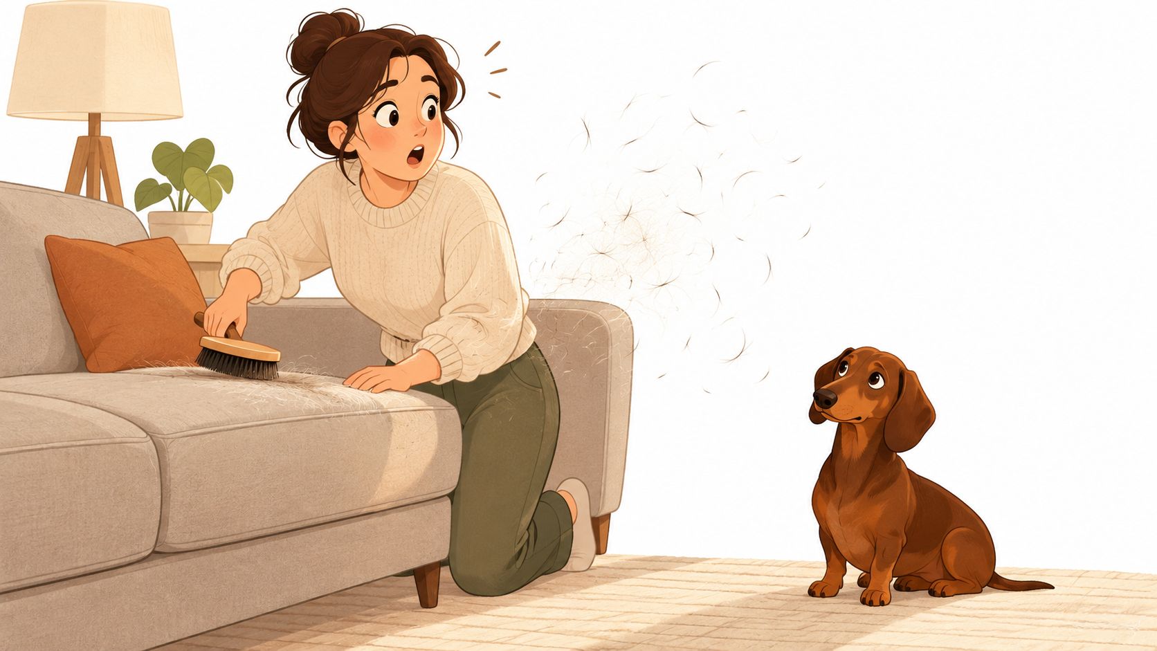 A surprised young woman cleaning dog hair off her sofa while a small dachshund watches her.