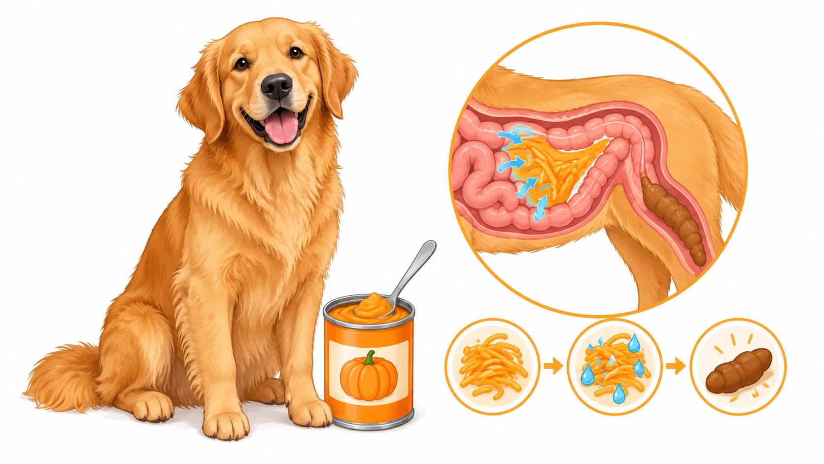 A golden retriever sitting next to canned pumpkin, showing how fiber helps manage dog digestive health.