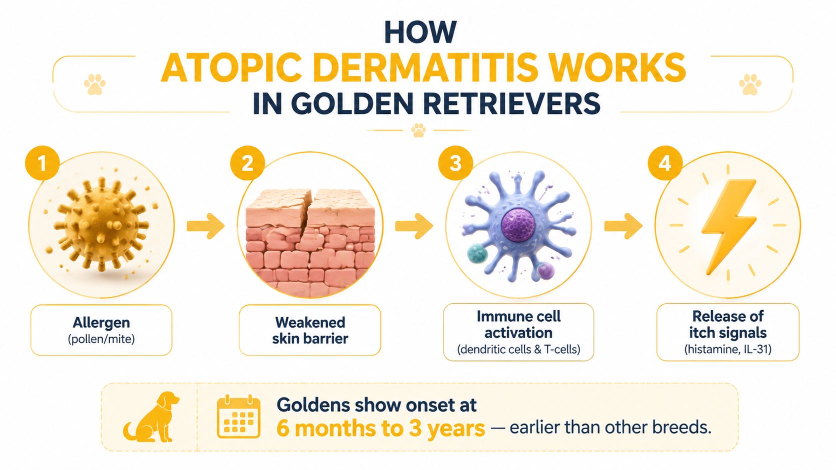 An infographic illustrating the four-step biological progression of atopic dermatitis in Golden Retrievers, highlighting allergens, skin barriers, and signals.