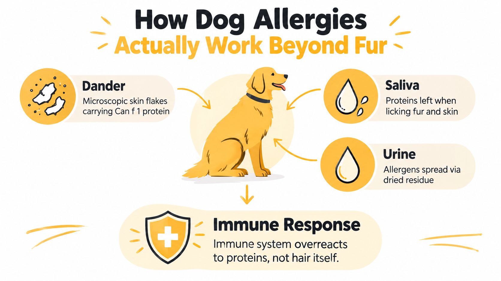 An infographic explaining that dog allergies are caused by proteins in dander, saliva, and urine, not fur.