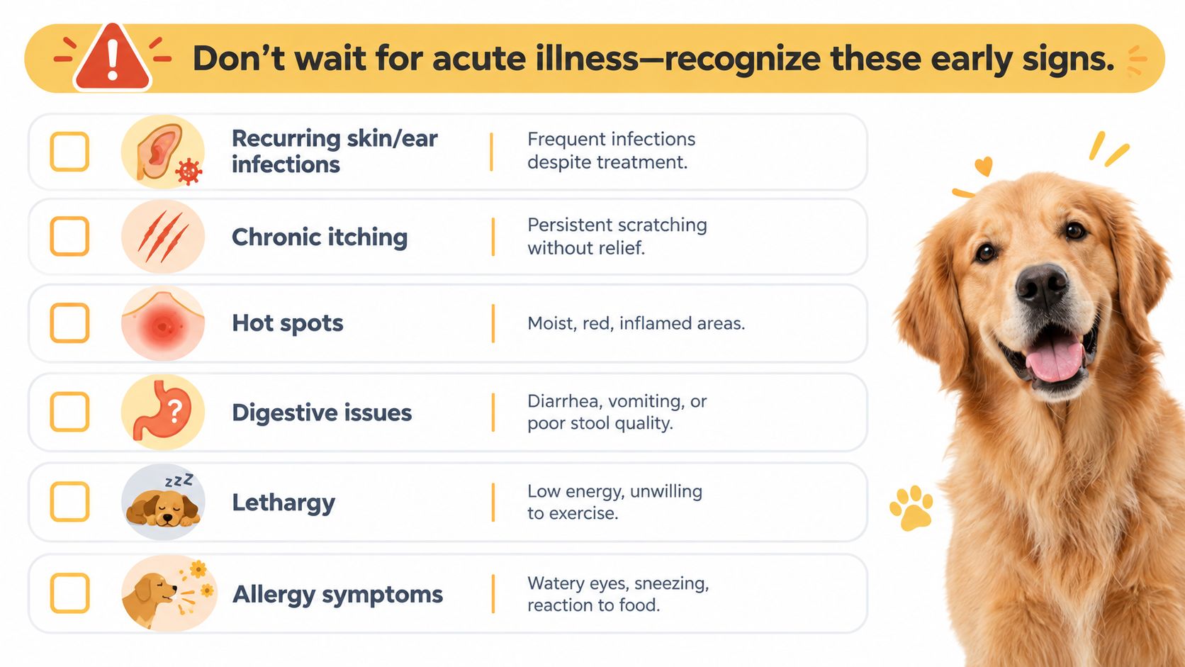 A list of six common early illness signs for dogs, including itching, digestive issues, and lethargy.