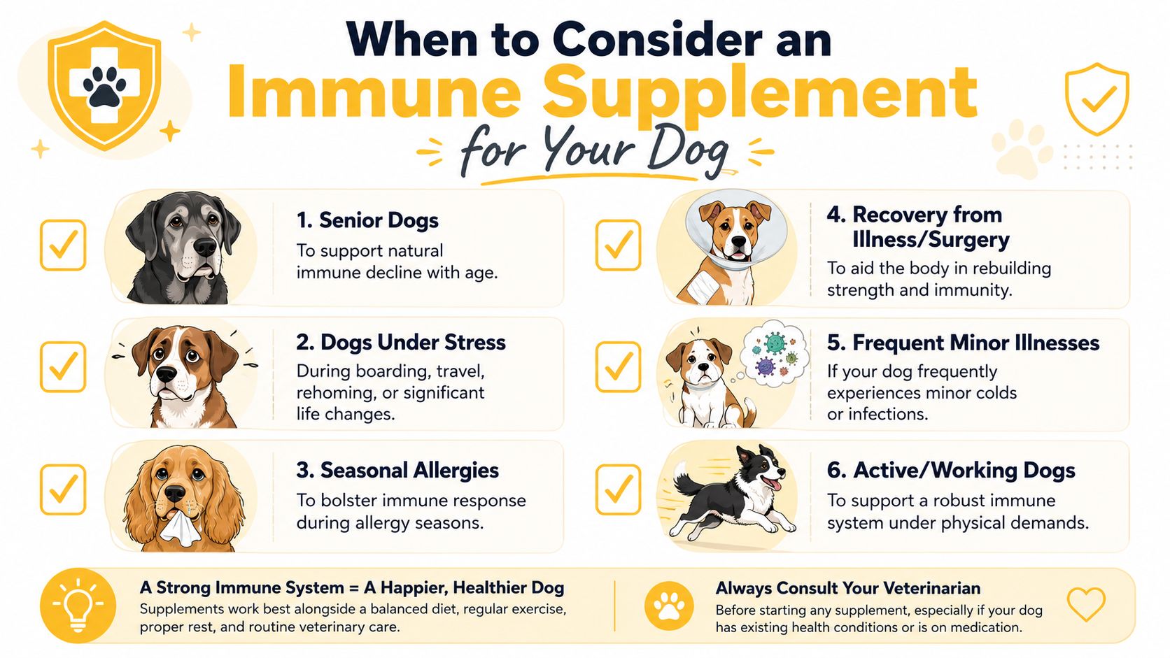 An infographic titled When to Consider an Immune Supplement for Your Dog showing six scenarios with illustrations.