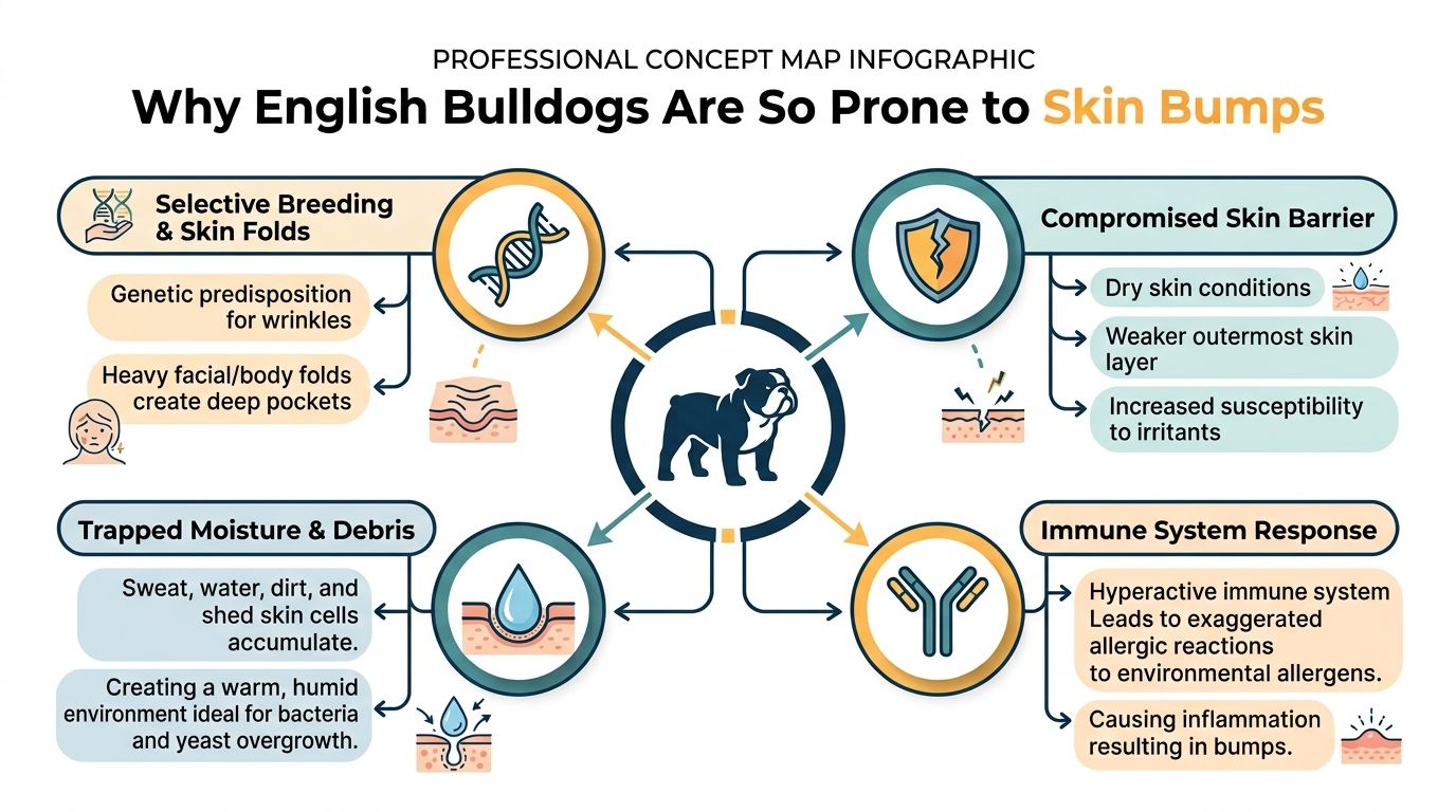A professional infographic diagram explaining why English Bulldogs are prone to skin bumps and irritation.
