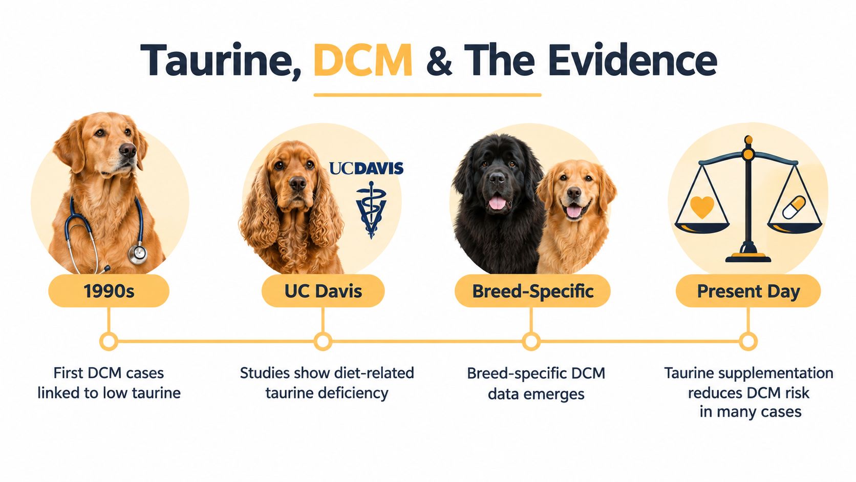 A timeline graphic showing the historical development of research on taurine, canine DCM, and breed-specific dietary connections.
