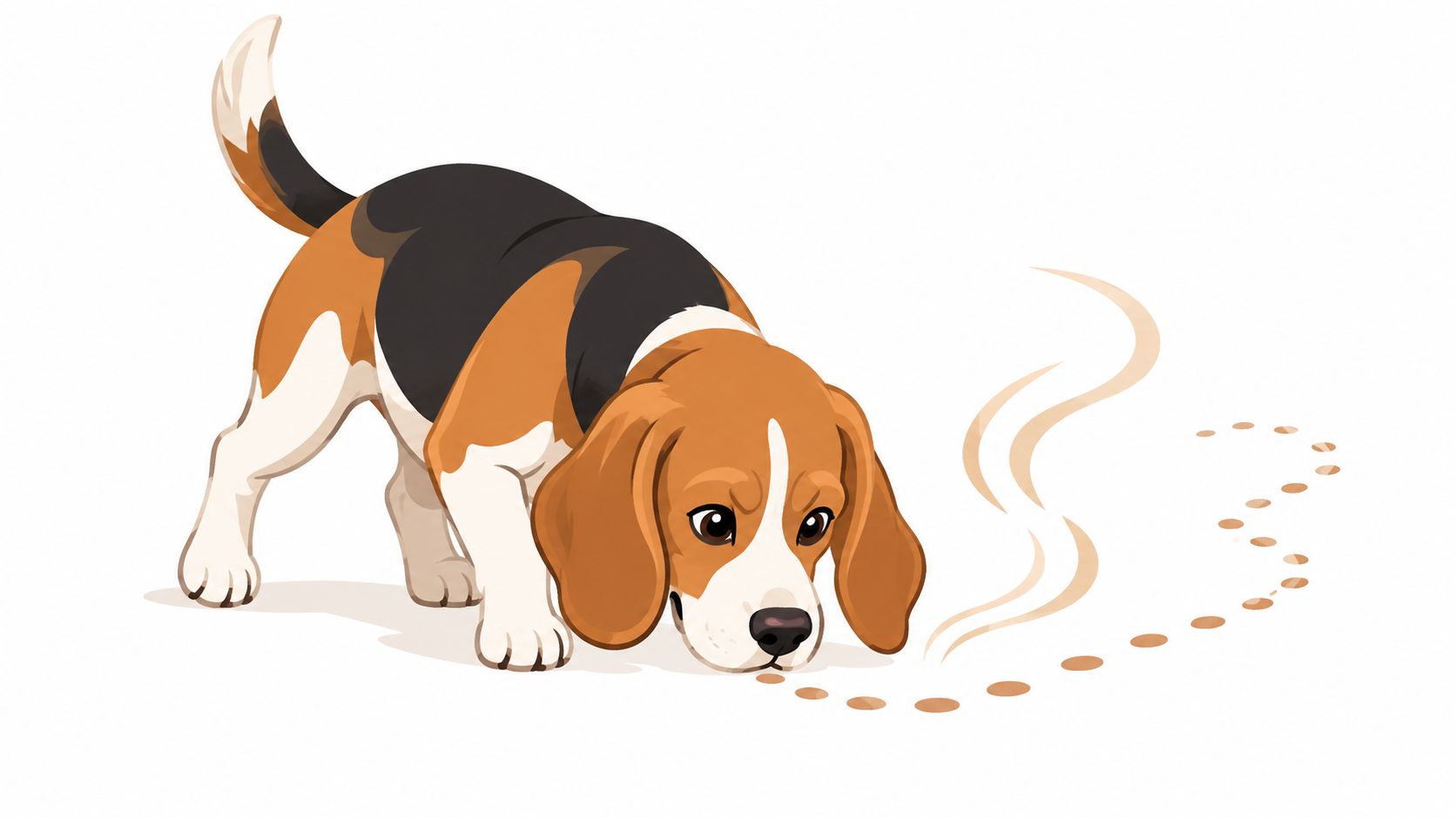 A cute Beagle dog with long floppy ears sniffing the ground while following a trail of scent.