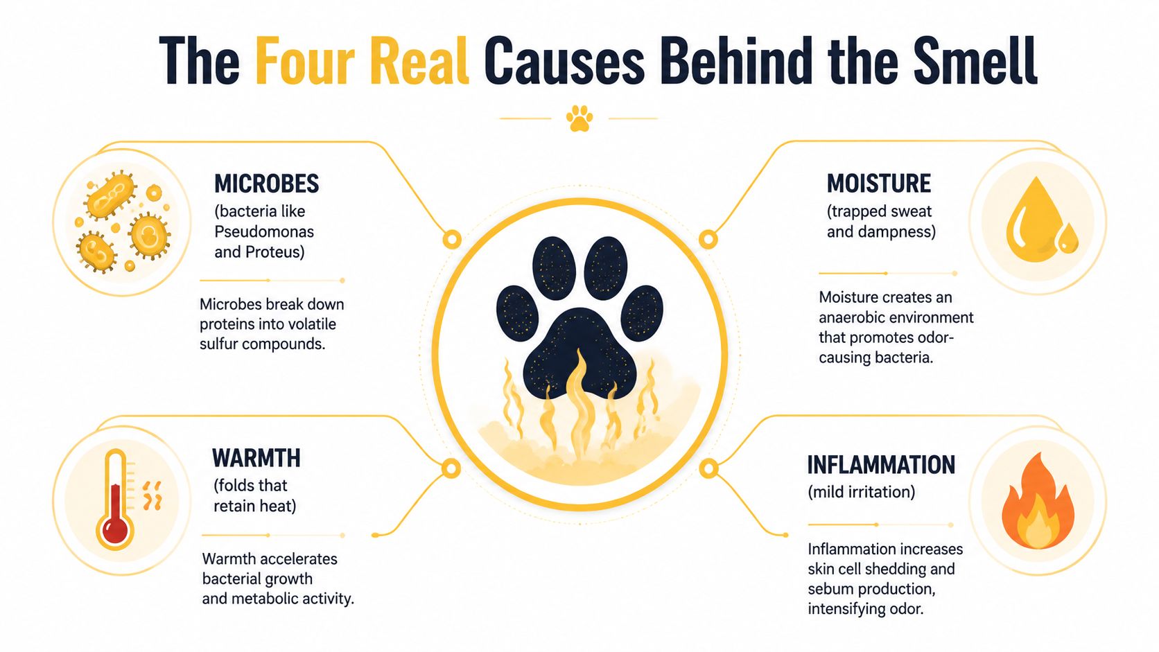 An infographic titled The Four Real Causes Behind the Smell in dog paws, illustrating microbes, moisture, warmth, and inflammation.