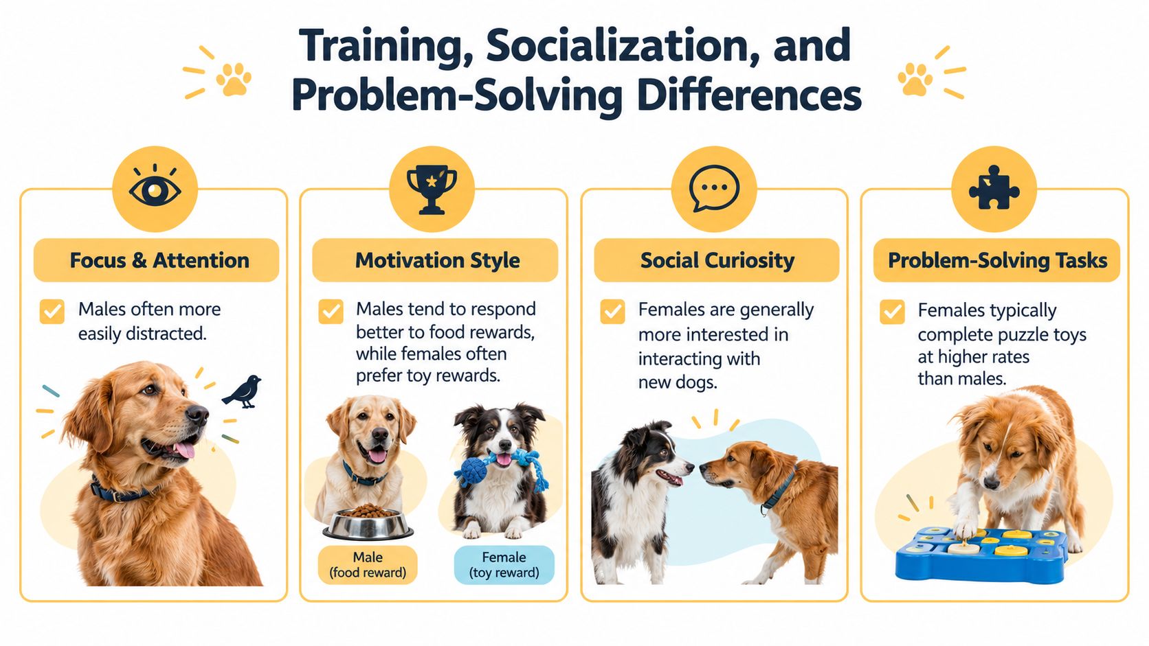 An infographic titled Training, Socialization, and Problem-Solving Differences comparing behavioral traits and learning preferences between male and female dogs.