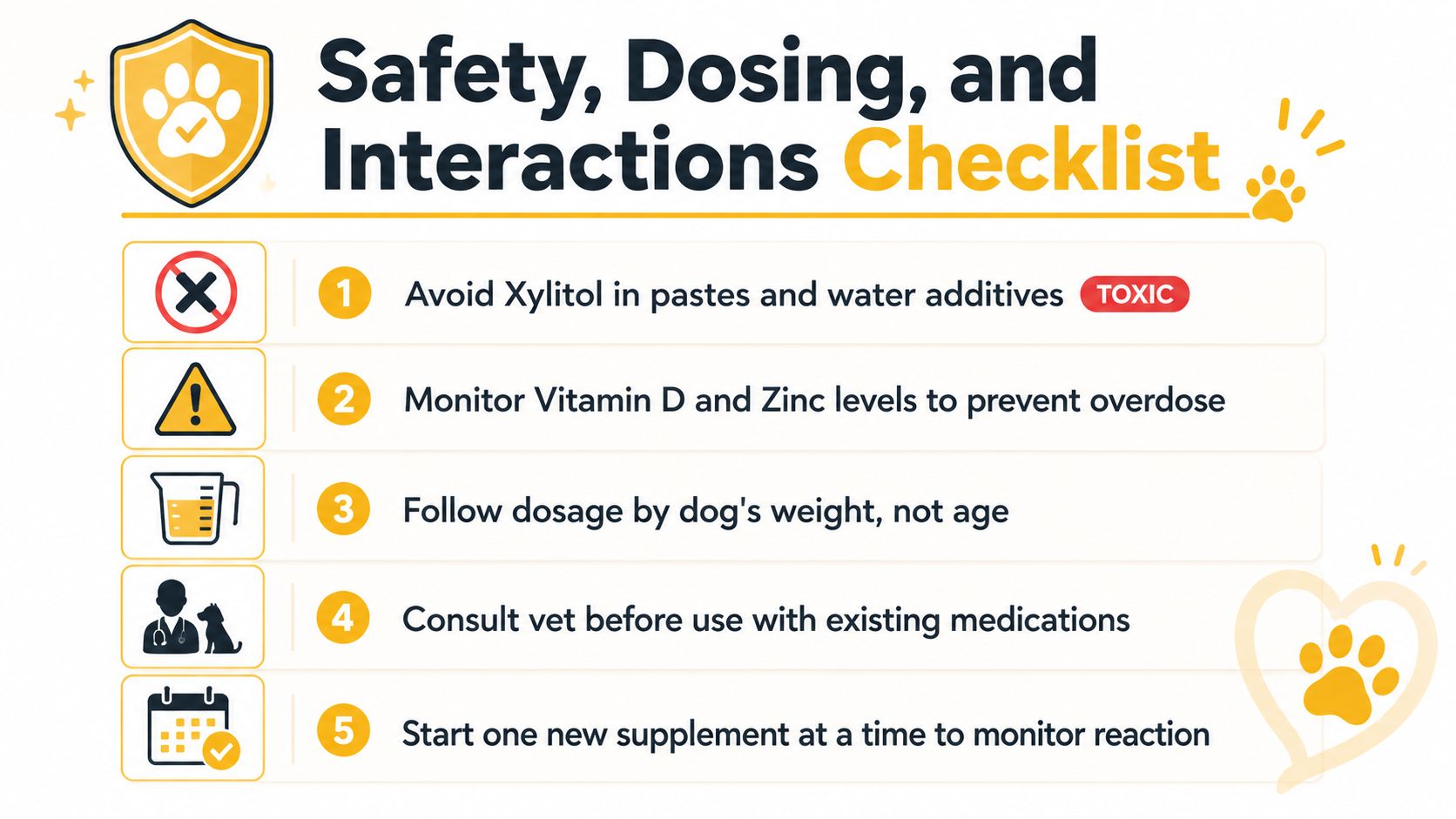A safety checklist for dog owners covering supplement dosing, toxic ingredients, and veterinary consultation guidelines.