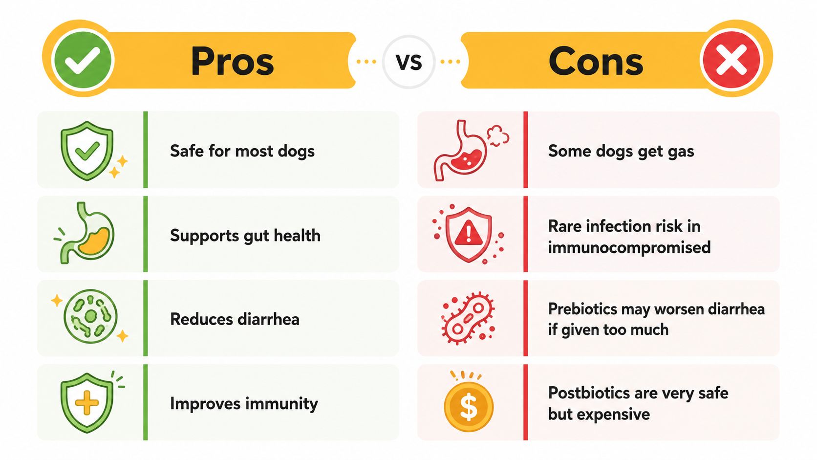 A comparison chart showing the pros and cons of using prebiotics and probiotics for dog health.
