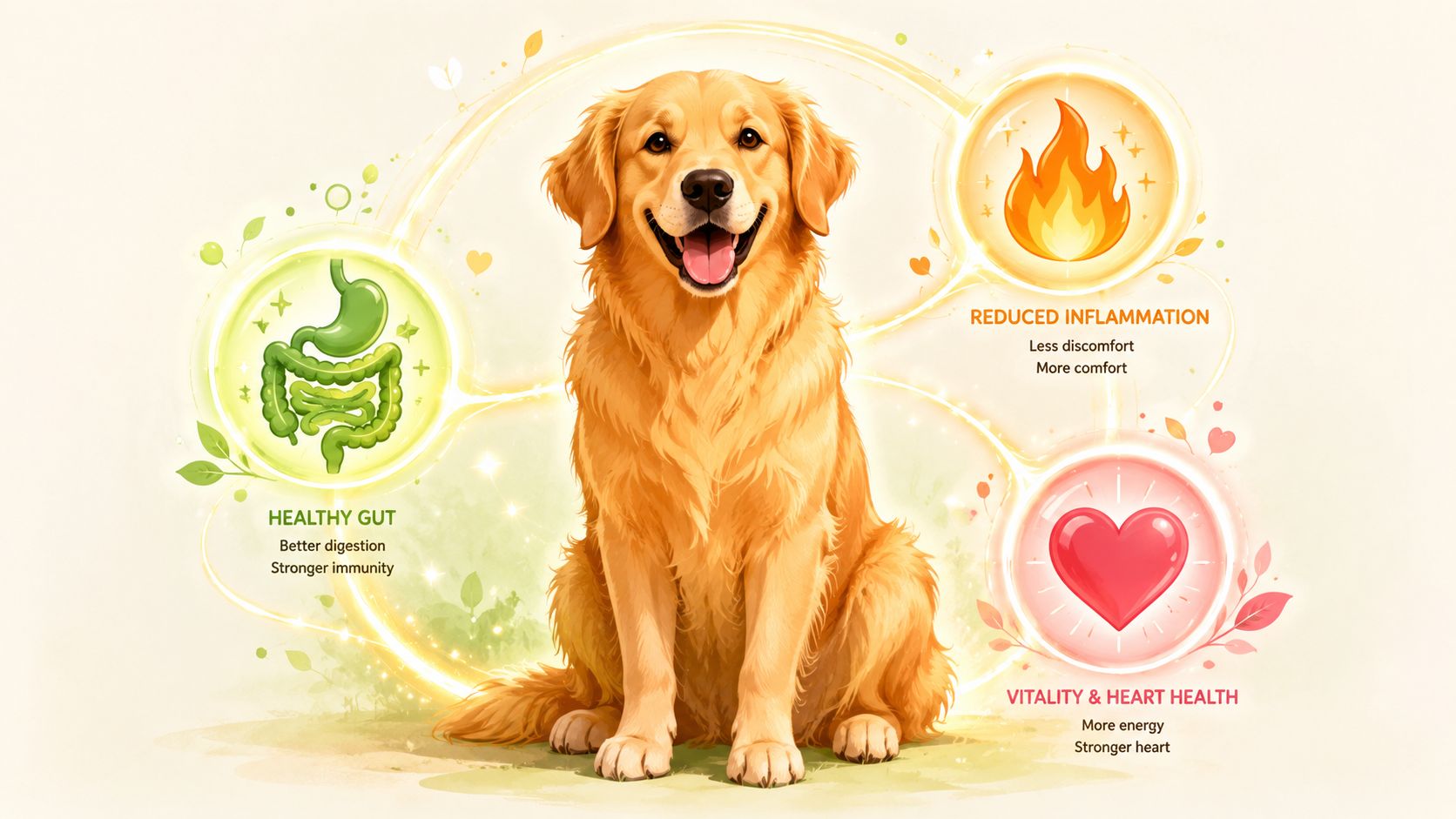 A happy golden retriever dog illustrated with icons showing benefits for gut health, reduced inflammation, and heart vitality.