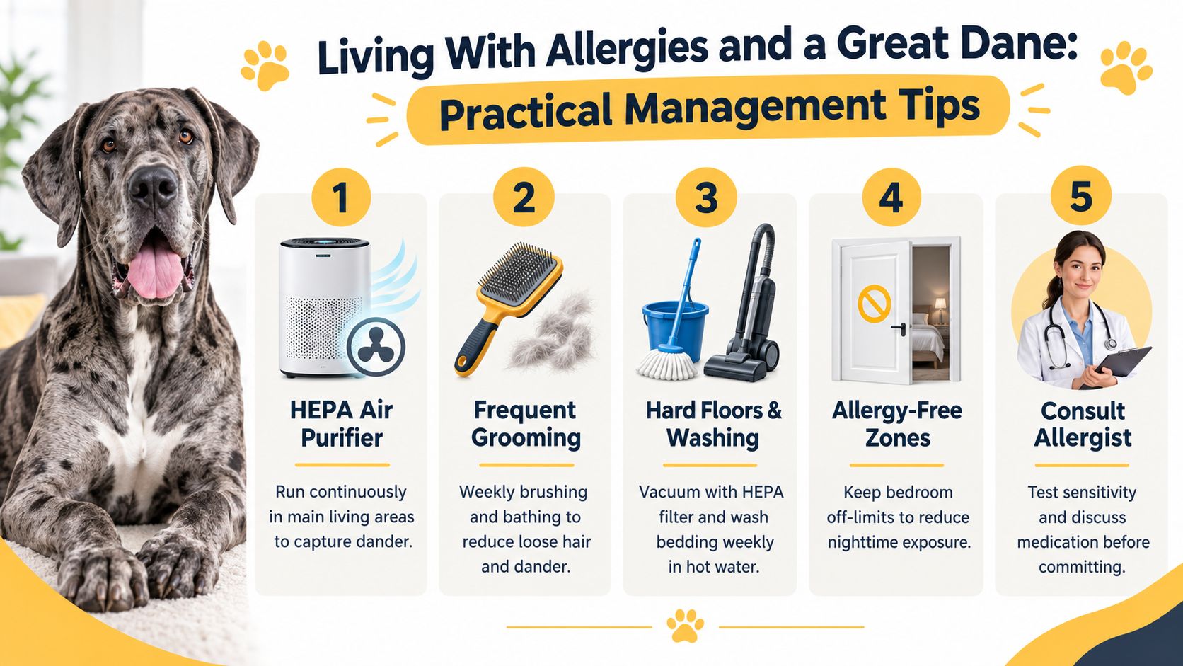 A helpful infographic featuring five practical tips for managing pet allergies while living with a Great Dane.