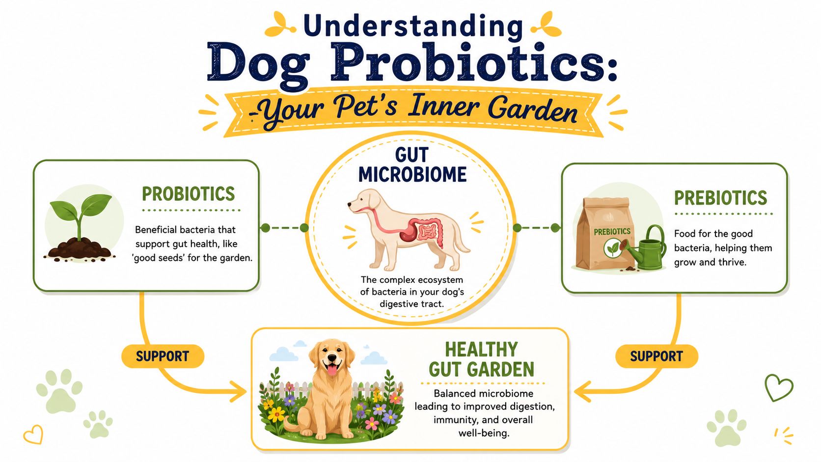 A diagram explaining dog probiotics, prebiotics, and how they contribute to a healthy gut microbiome for dogs.