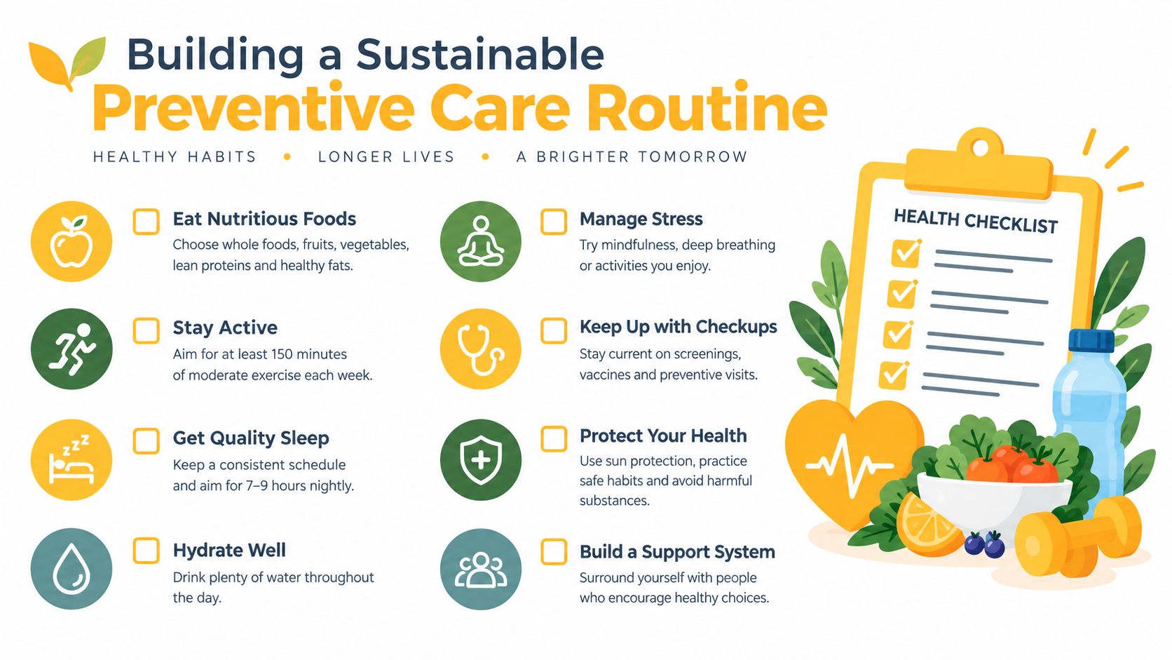 A colorful infographic illustrating essential preventive care habits for maintaining a healthy and sustainable lifestyle.