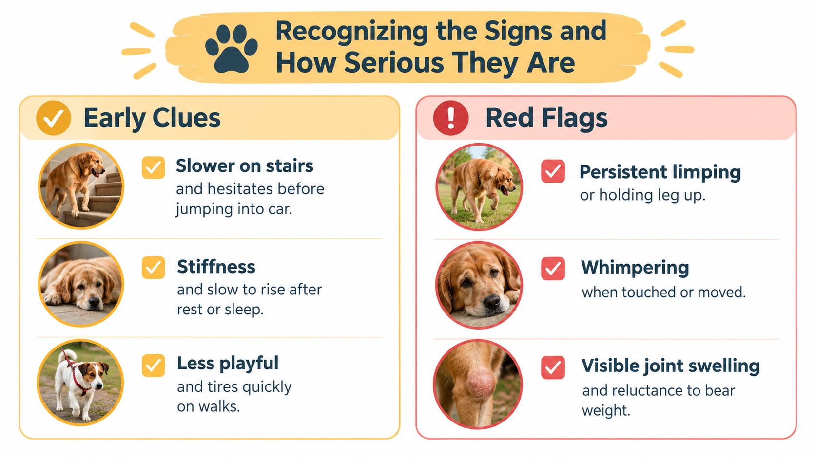 An infographic titled Recognizing the Signs and How Serious They Are, detailing early clues and red flags of dog joint pain.
