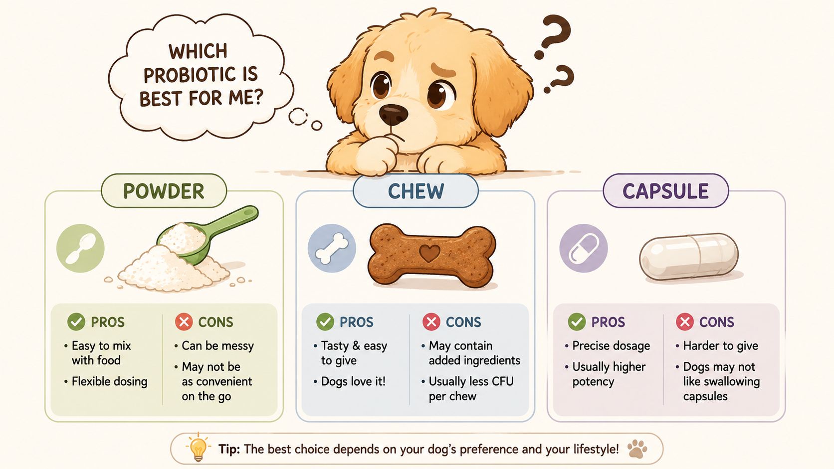 An infographic comparing probiotic formats for dogs, including powder, chews, and capsules with their pros and cons.