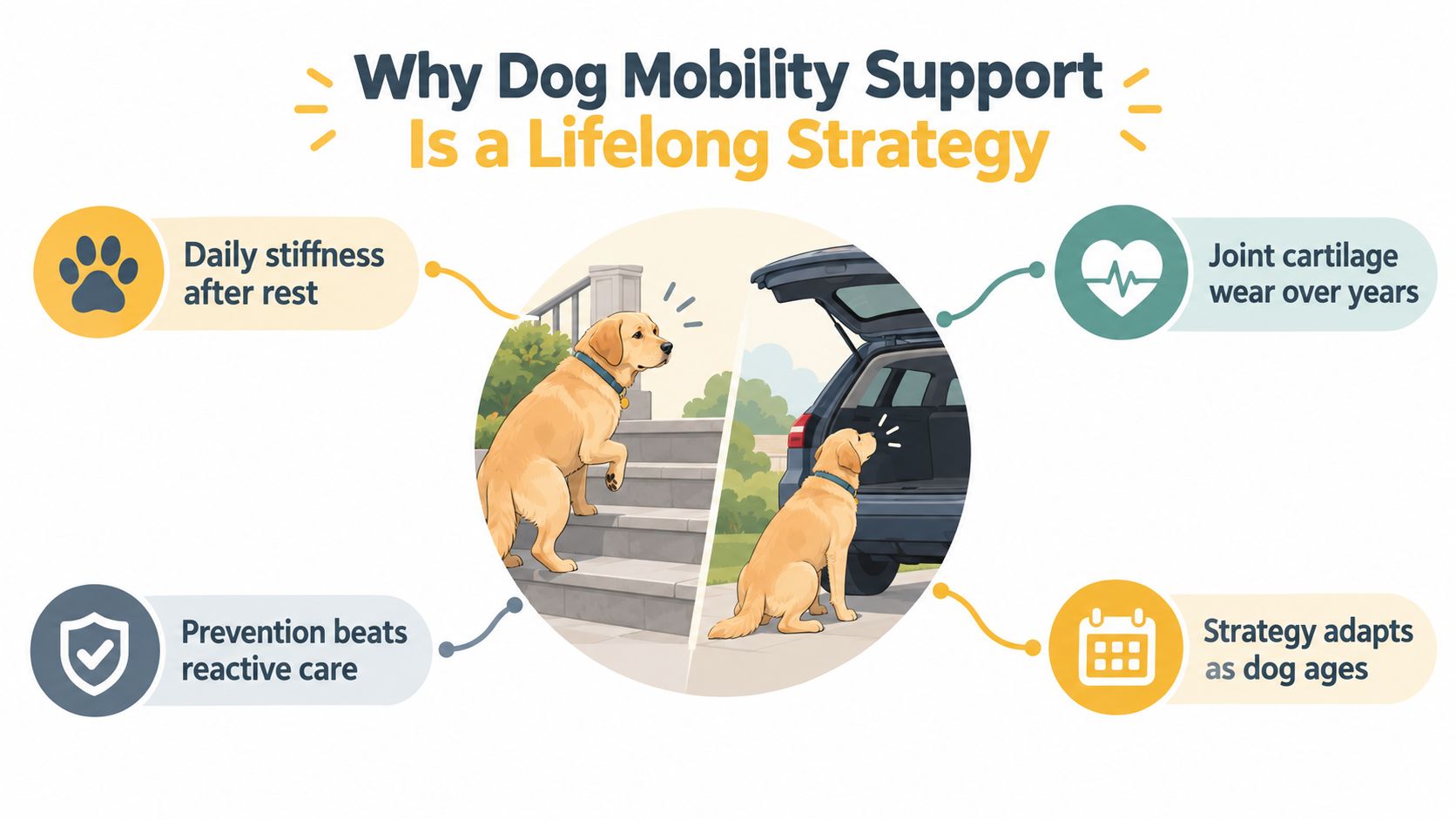 An infographic illustrating why dog mobility support is essential throughout a dog's life for joint health.