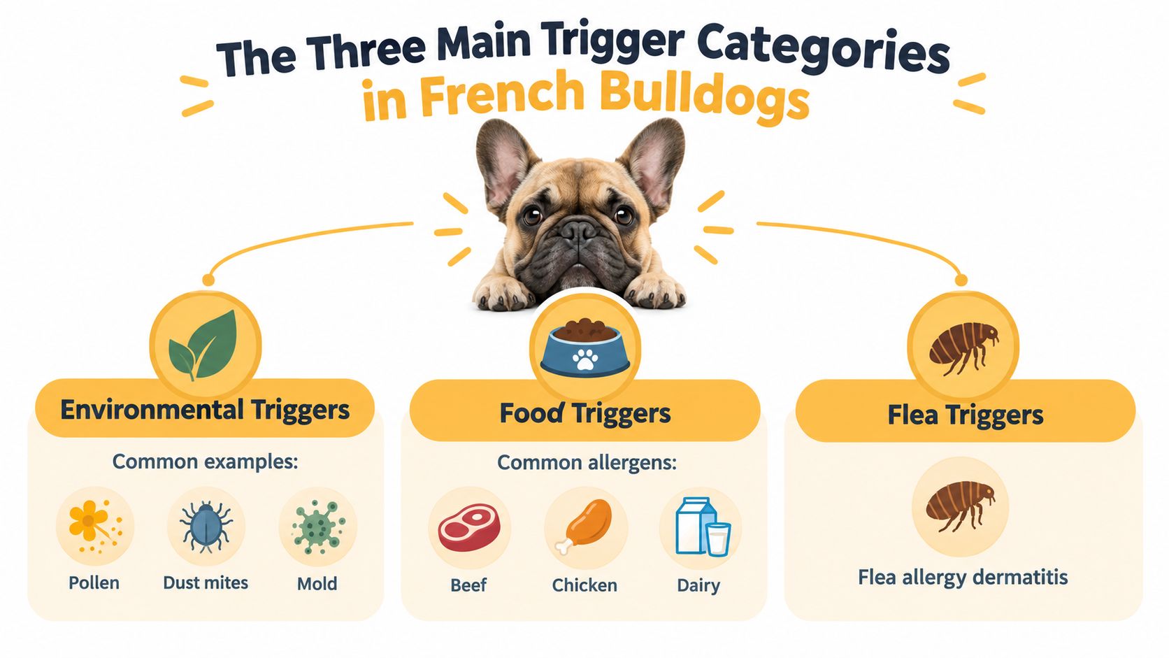 An infographic illustrating the three main trigger categories for French Bulldog allergies, including environmental, food, and flea sources.