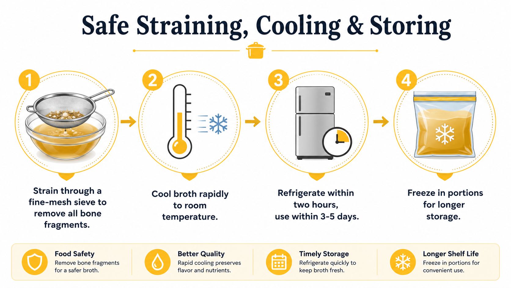 A four-step infographic illustrating the safe process for straining, cooling, and storing homemade bone broth.
