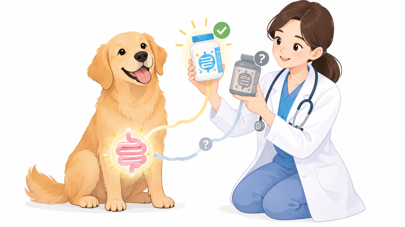 A veterinarian comparing a high-quality supplement to an unknown brand for a dog with digestive issues.
