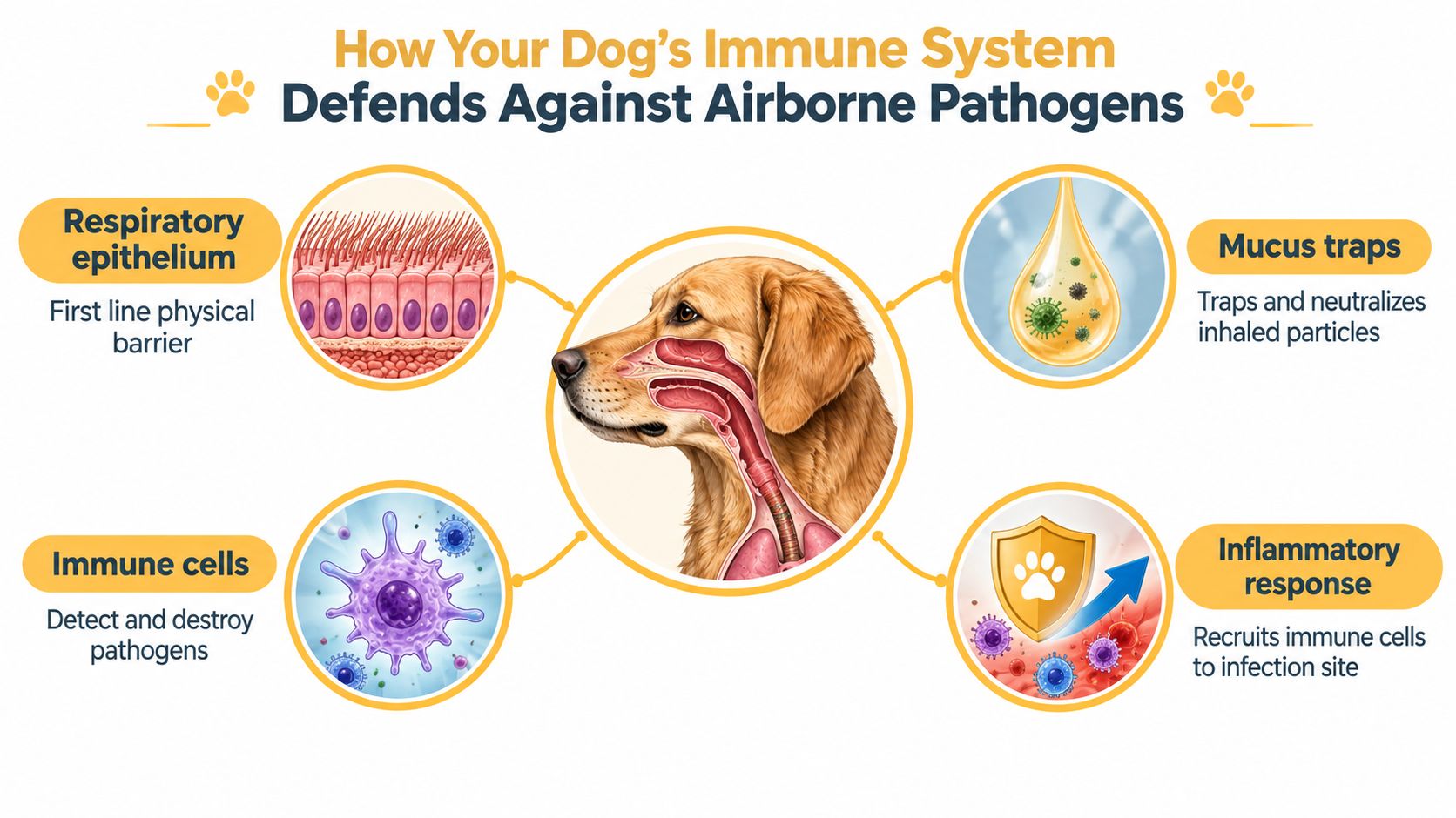 An infographic showing how a dog's immune system protects against airborne pathogens through four primary biological mechanisms.