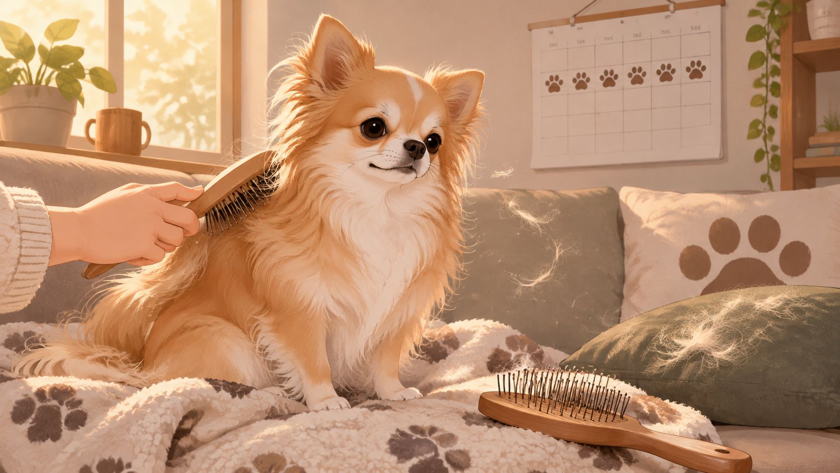 A long haired chihuahua sitting on a couch while being brushed to remove loose pet fur.