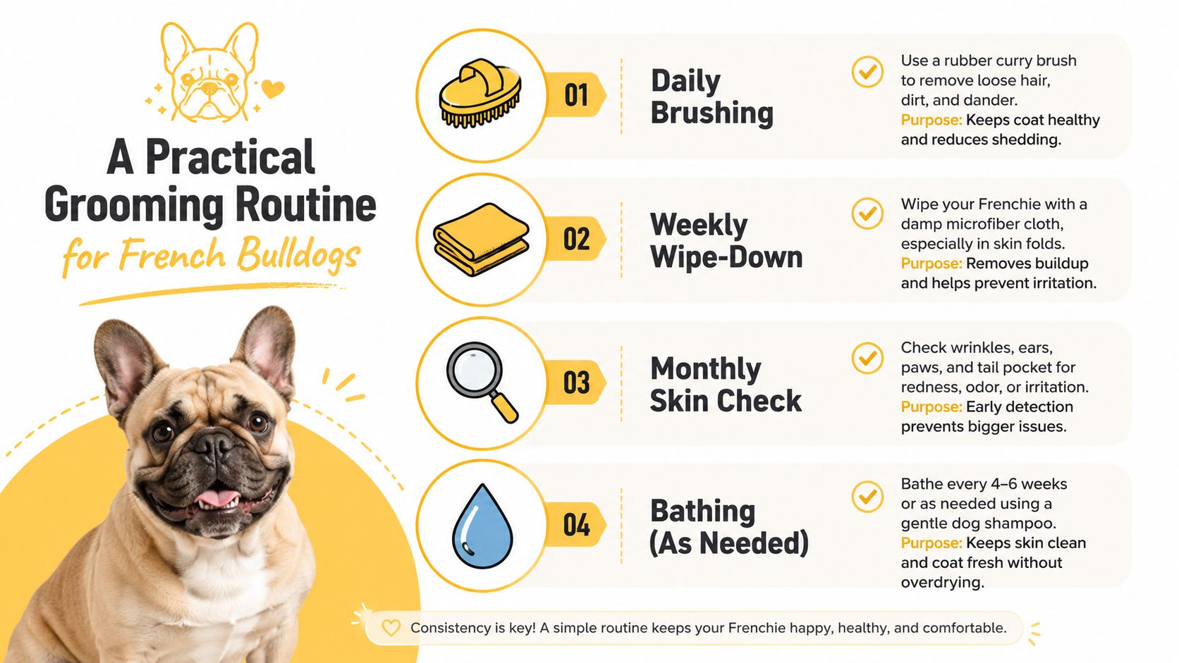An infographic titled A Practical Grooming Routine for French Bulldogs outlining daily, weekly, monthly, and occasional care.