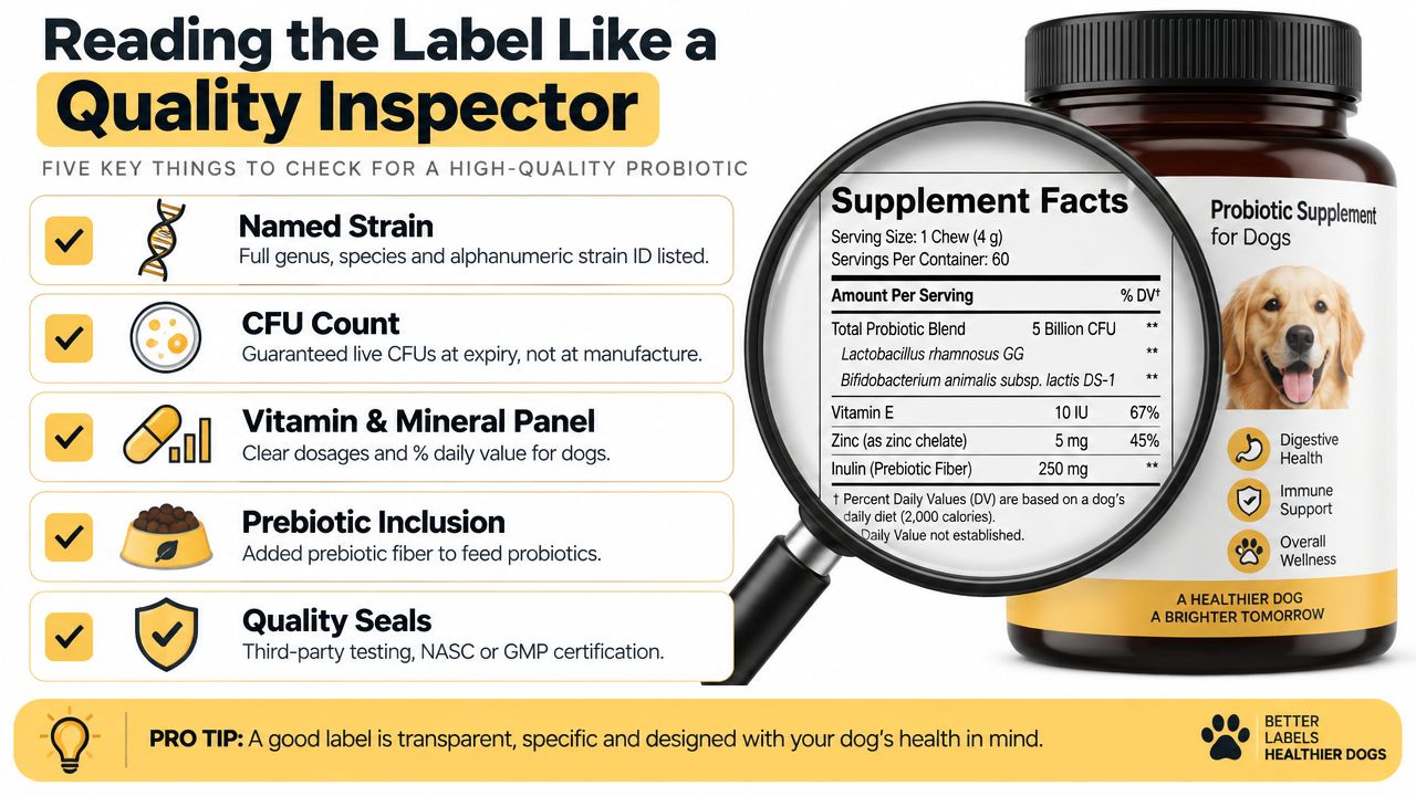 An infographic showing how to read dog probiotic labels with five quality factors for pet owners.
