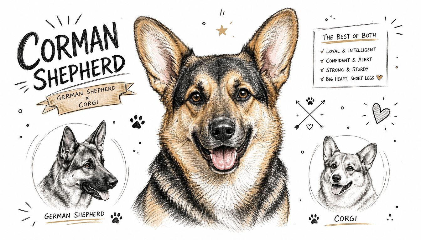 An illustration of a Corman Shepherd dog mix, featuring a German Shepherd and a Corgi portrait.