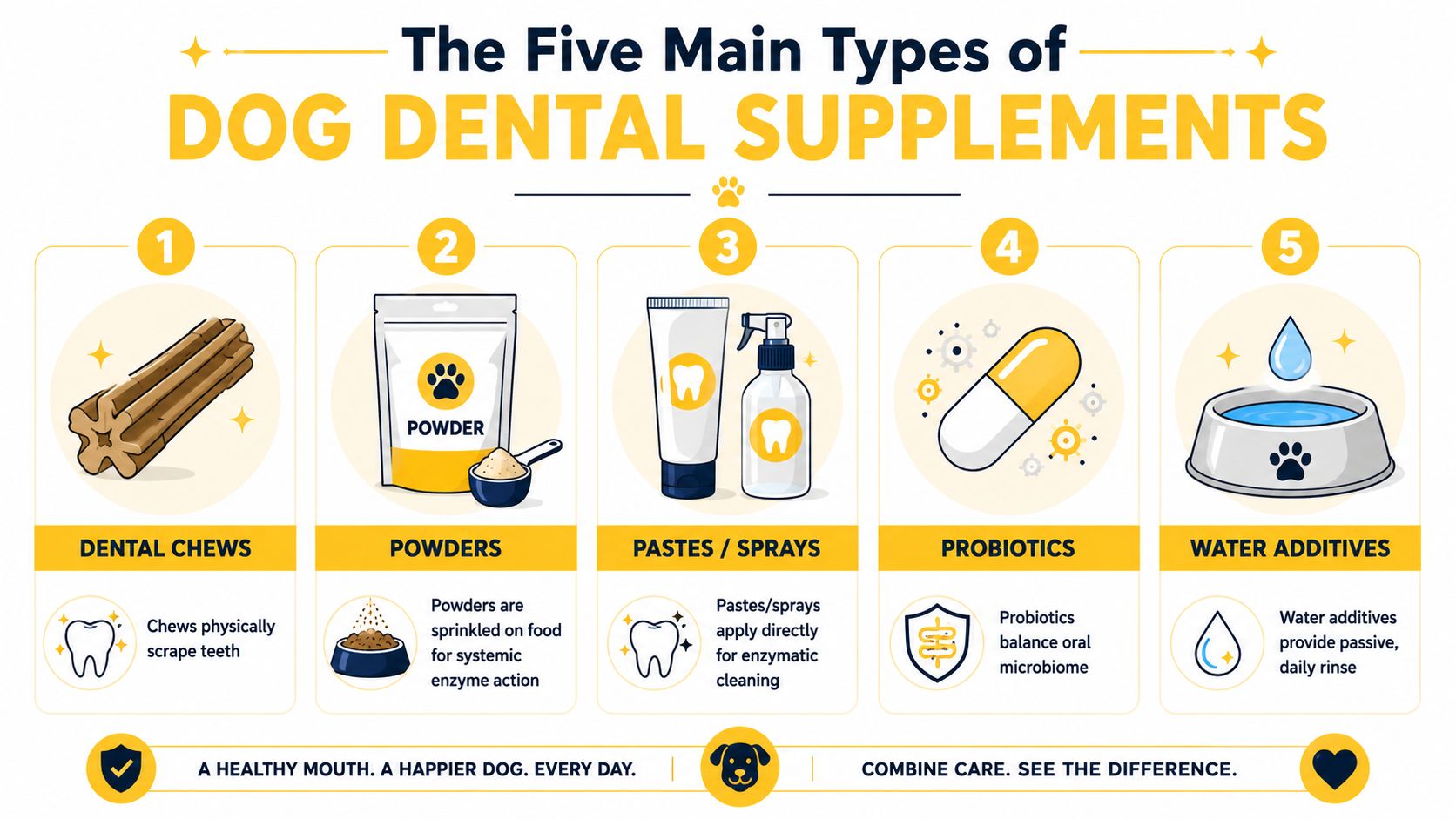 An infographic illustrating the five main types of dental supplements used to improve dog oral health.