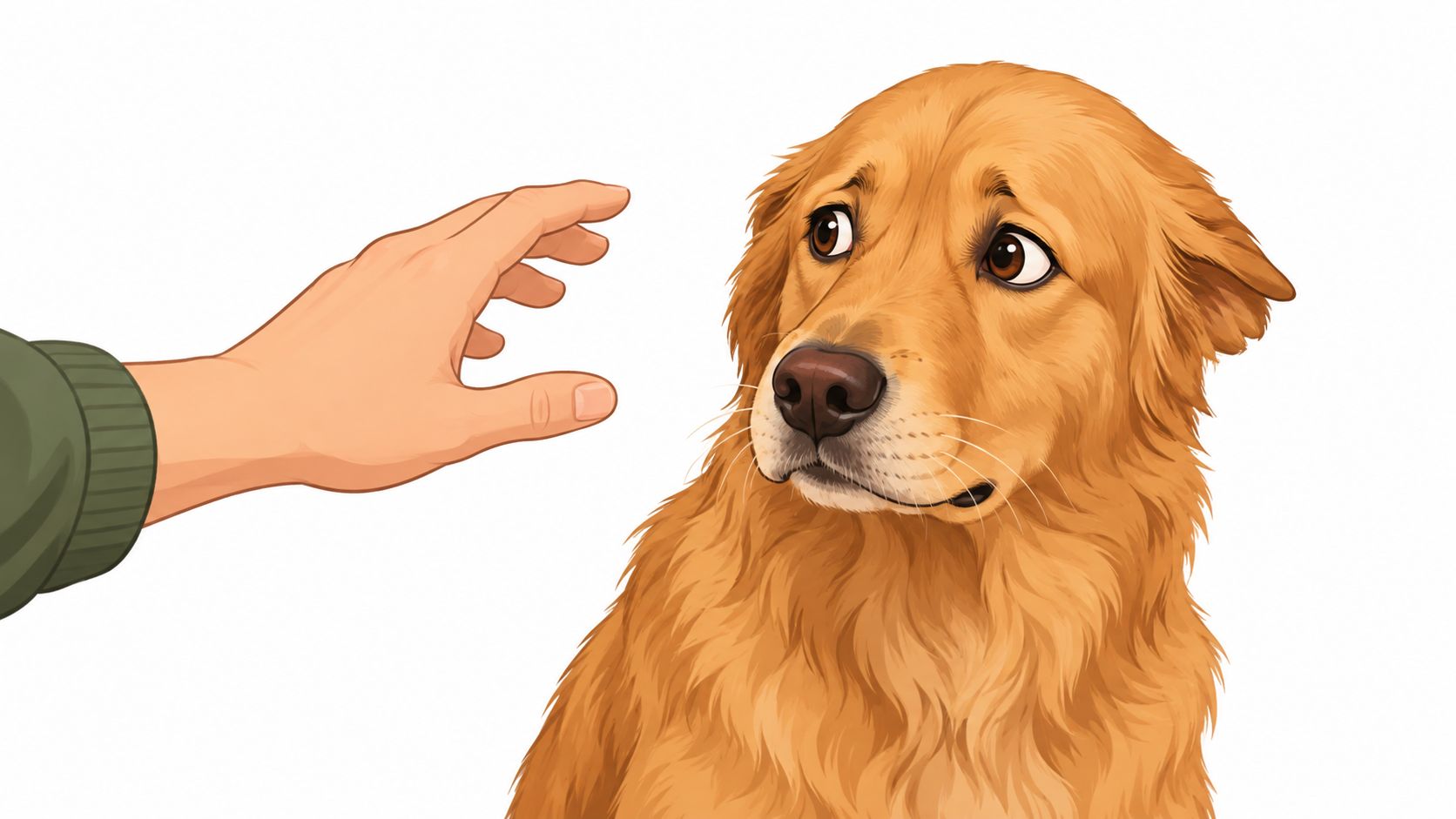 A concerned golden dog with ears pinned back looking at a human hand reaching out slowly.