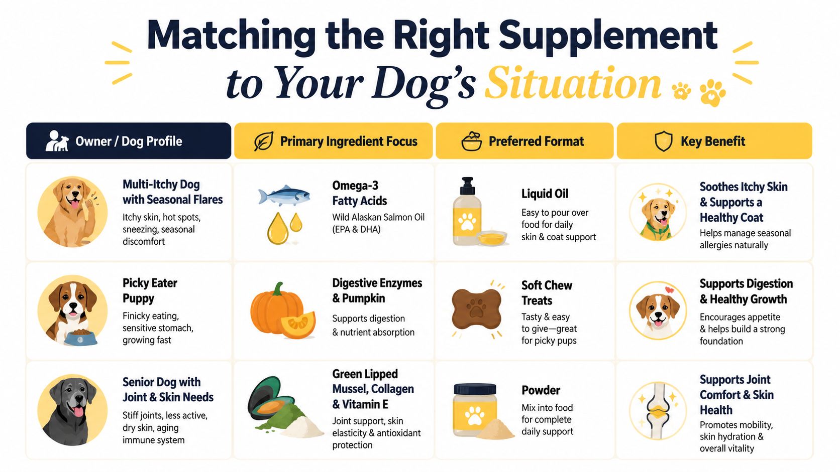 A chart matching dog health profiles with recommended supplements, key ingredients, preferred formats, and health benefits.
