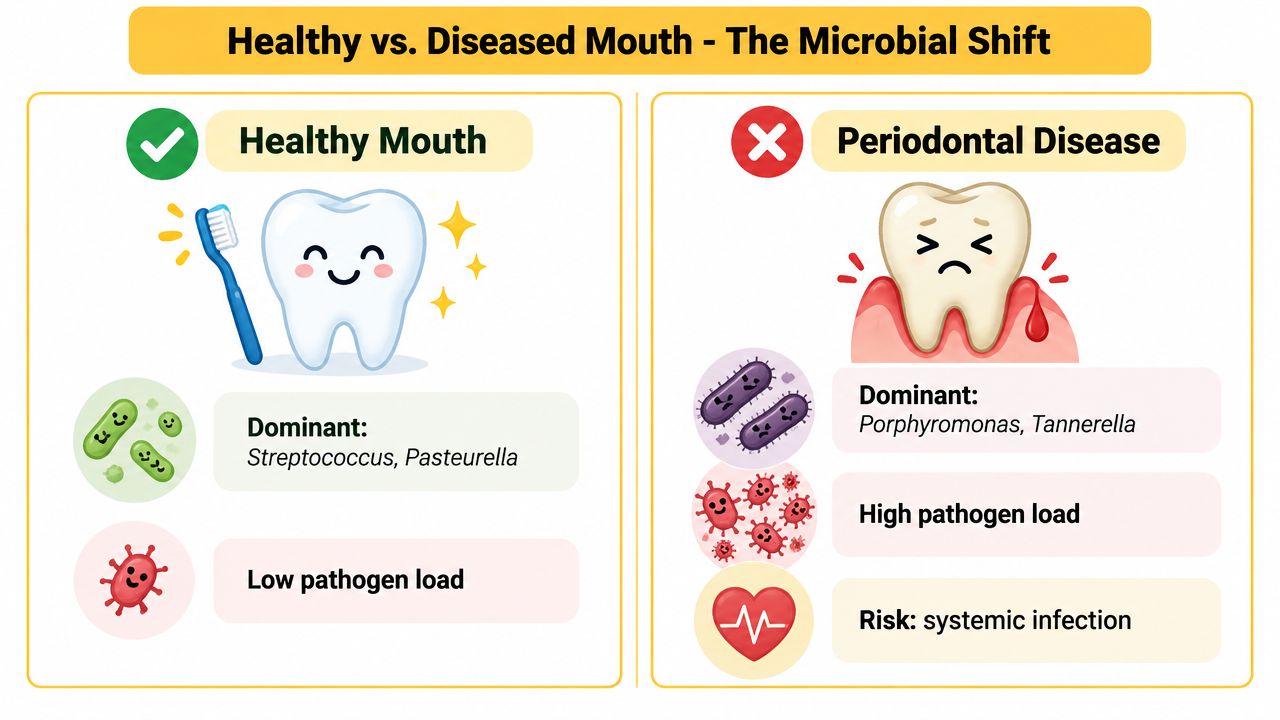 An infographic comparing oral health states, showing a healthy mouth versus one with periodontal disease.