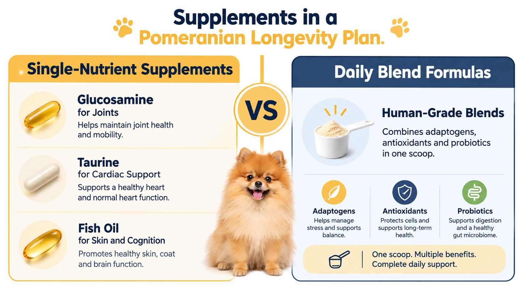An infographic comparing single-nutrient supplements and daily blend formulas for Pomeranian dog longevity and health support.