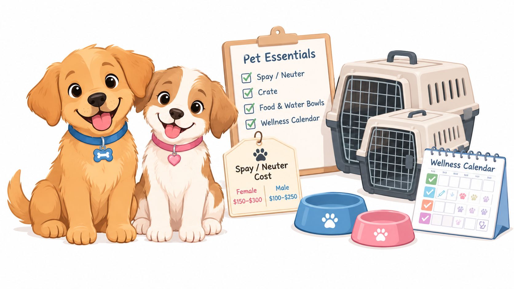 Two cute puppies with pet care essentials, including crates, bowls, and a spay and neuter cost guide.