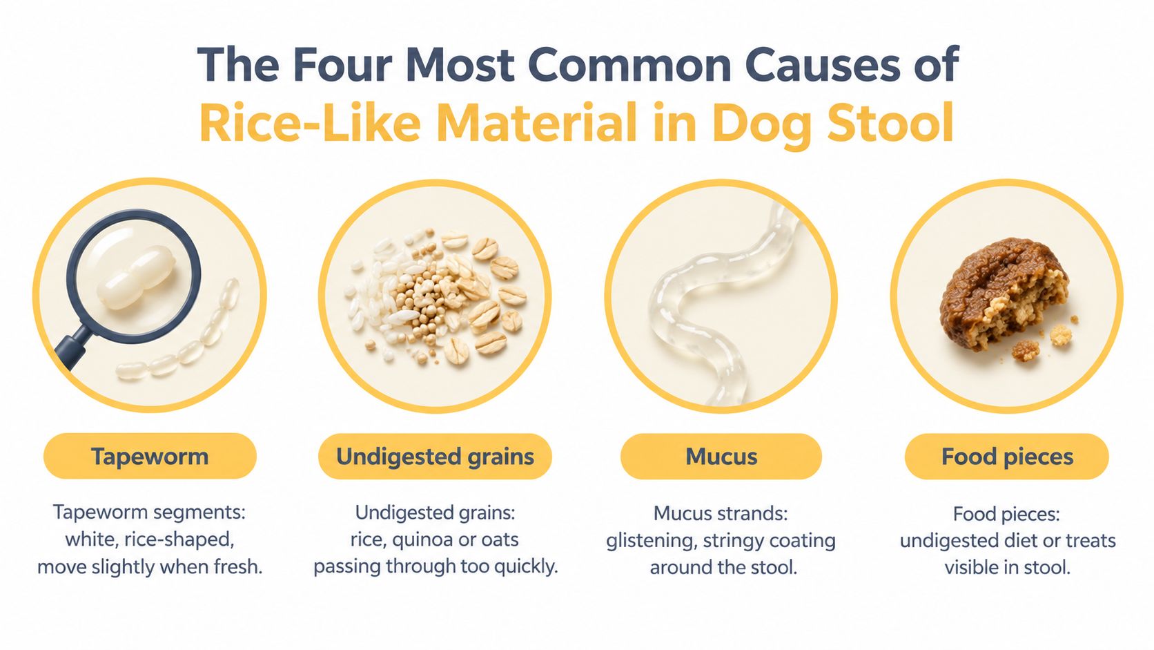 An infographic showing four common causes of rice-like material found in a dog's stool, including parasites and food.