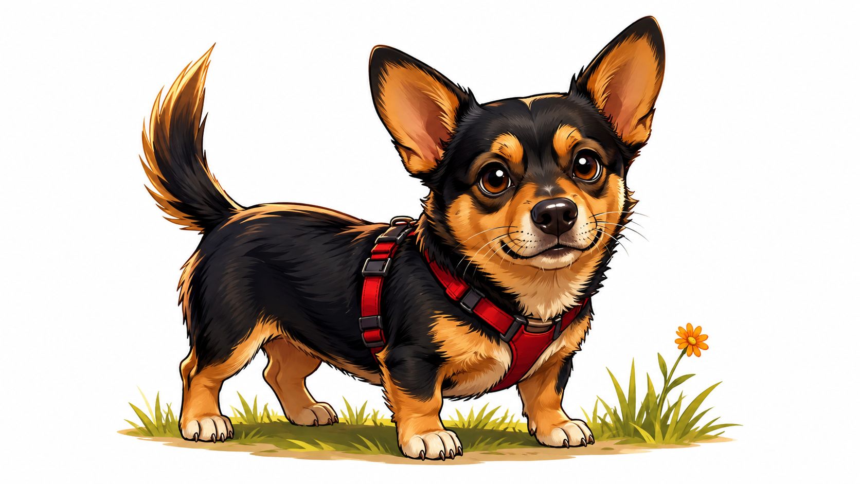 A cute black and tan mixed breed puppy wearing a red harness standing in green grass.
