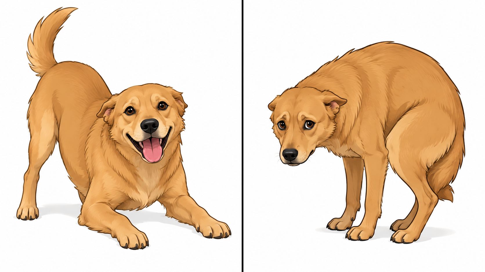 A split image showing a happy, alert dog playing versus a fearful, submissive dog with pinned ears.