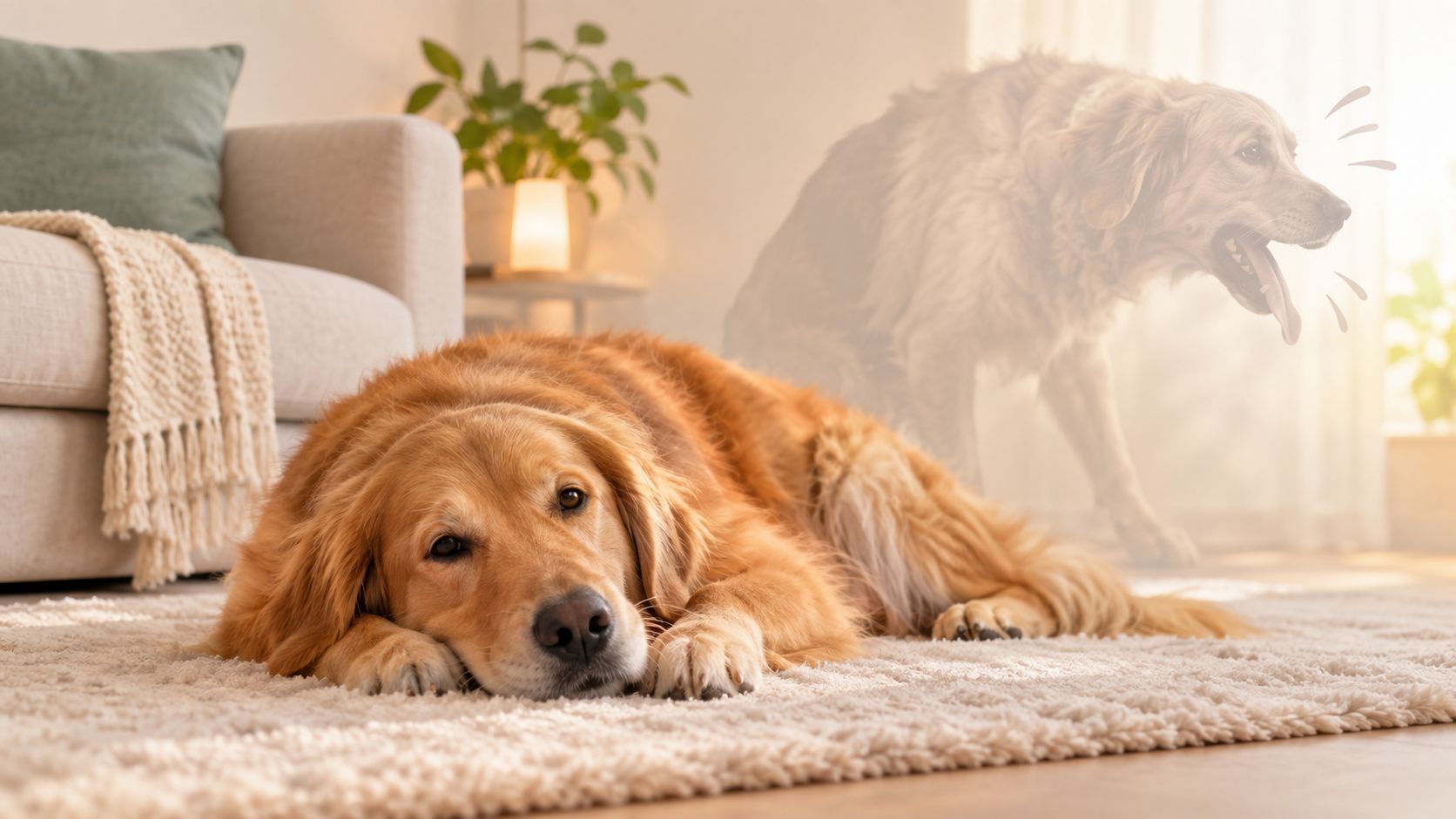 A relaxed golden retriever lying on a living room rug with a ghostly image of itself barking.