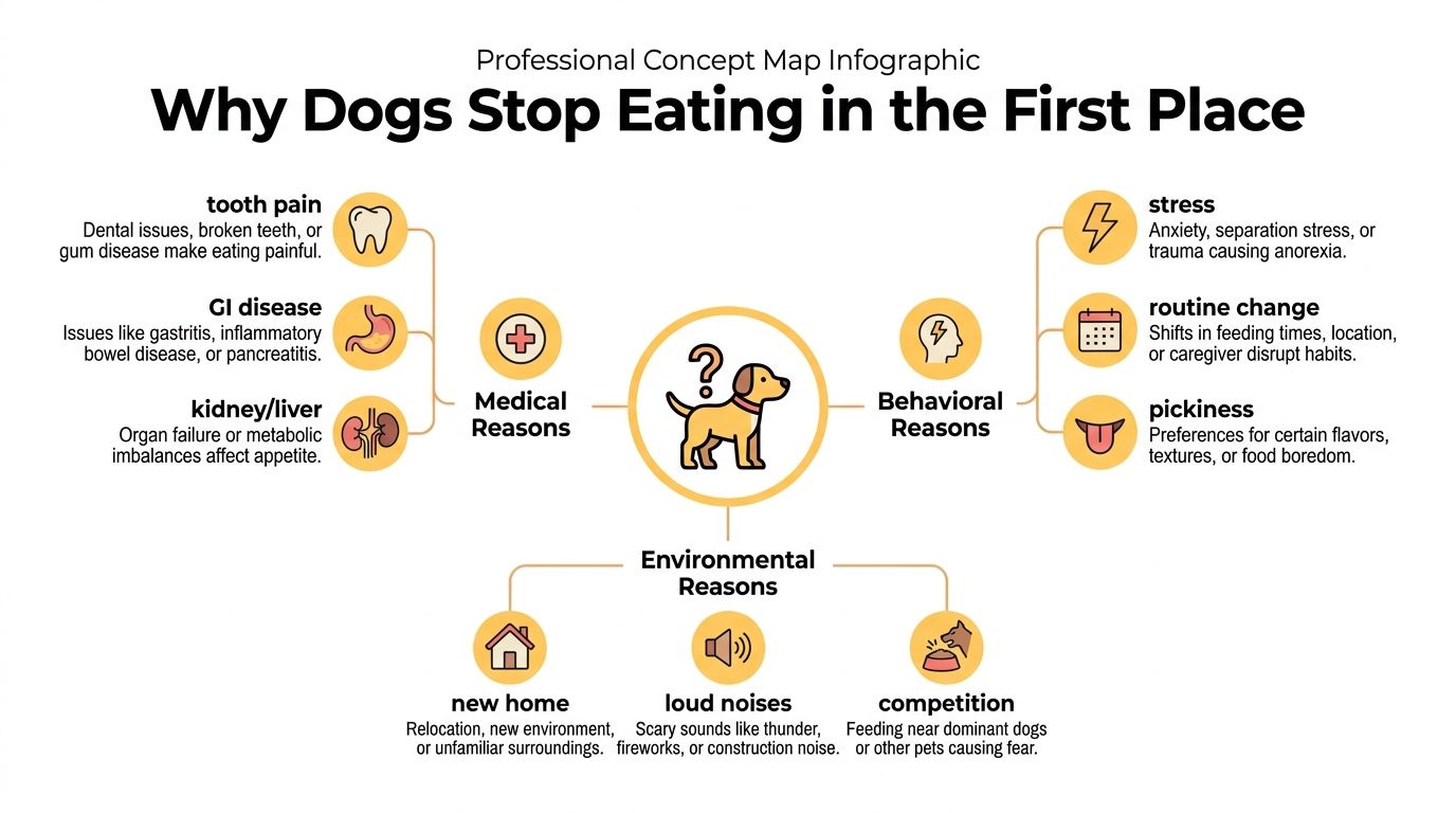 A professional infographic titled Why Dogs Stop Eating in the First Place, categorized by medical, behavioral, and environmental reasons.