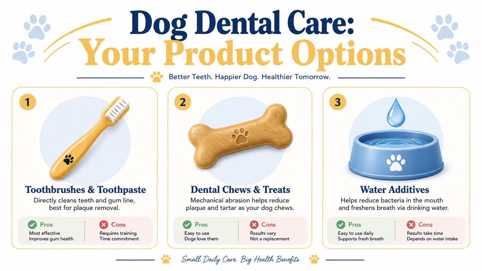 An infographic showing three effective dog dental care product options including toothbrushes, dental chews, and water additives.