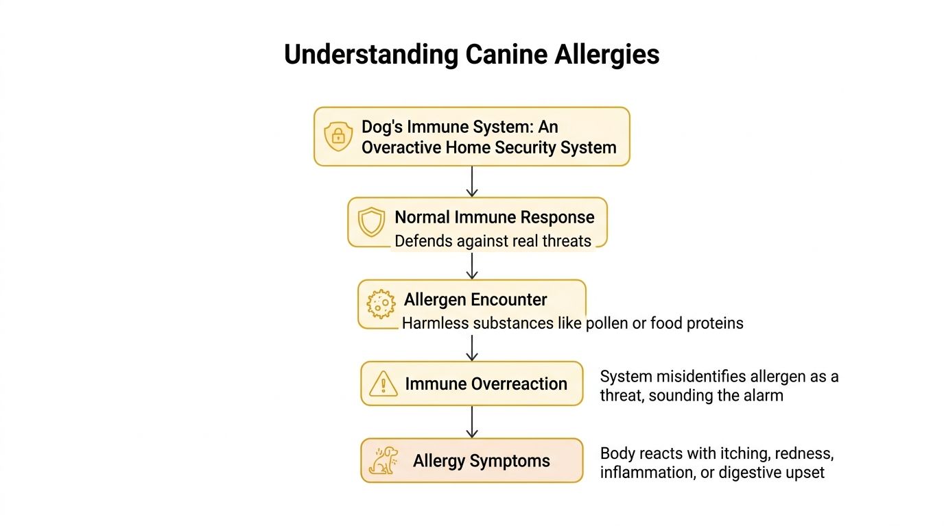 A flowchart explaining canine allergies by comparing an overactive immune system to a home security system.
