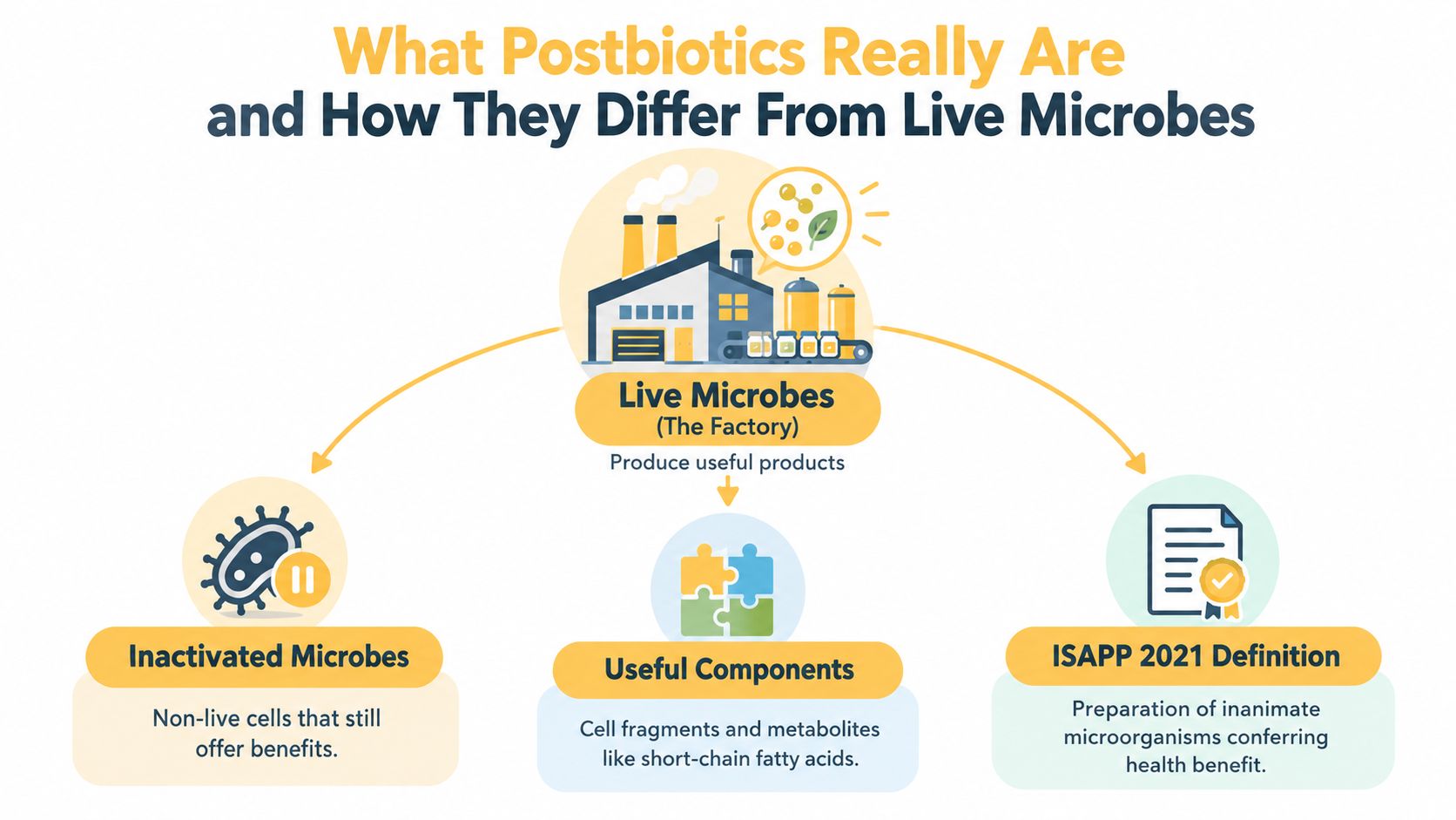 A diagram explaining postbiotics as preparations of inanimate microorganisms and their components that confer health benefits.