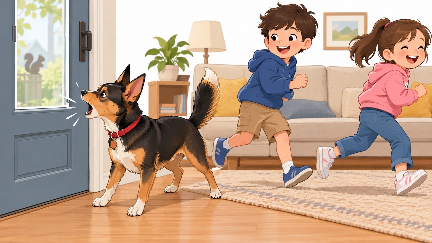 A happy Min Pin Corgi mix dog barks at a squirrel while two children run playfully nearby.