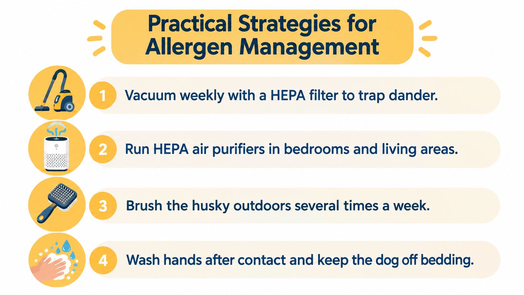 A list of four practical strategies for managing allergens for pet owners, featuring helpful icons for each tip.