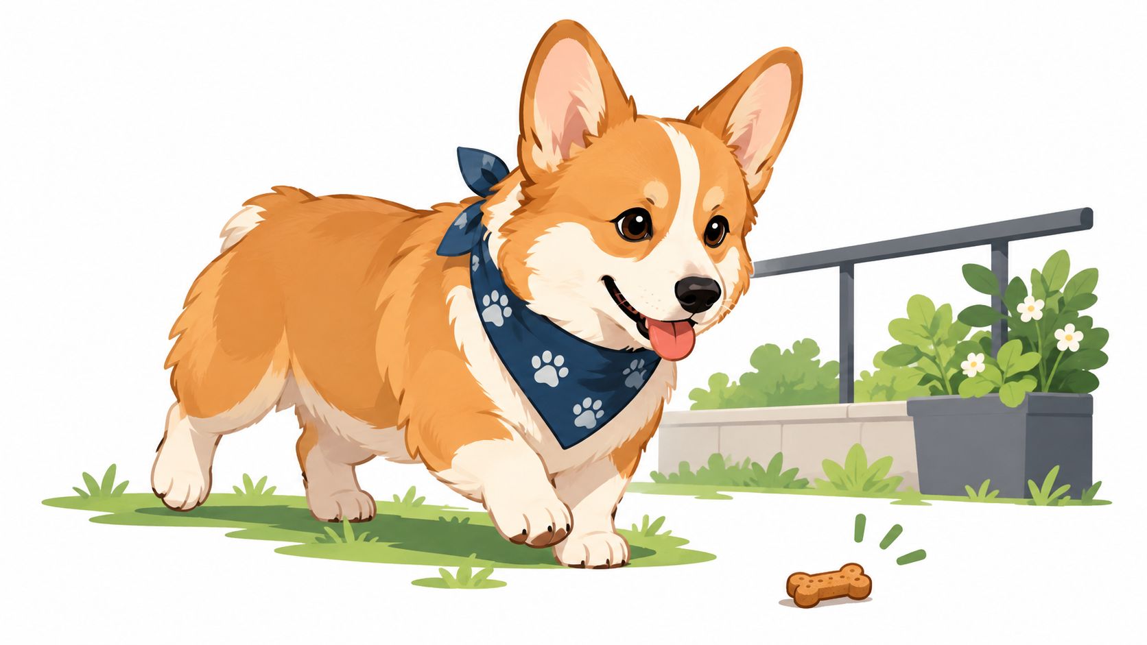 A cute cartoon Corgi puppy wearing a blue bandana, happily walking towards a small dog treat outdoors.