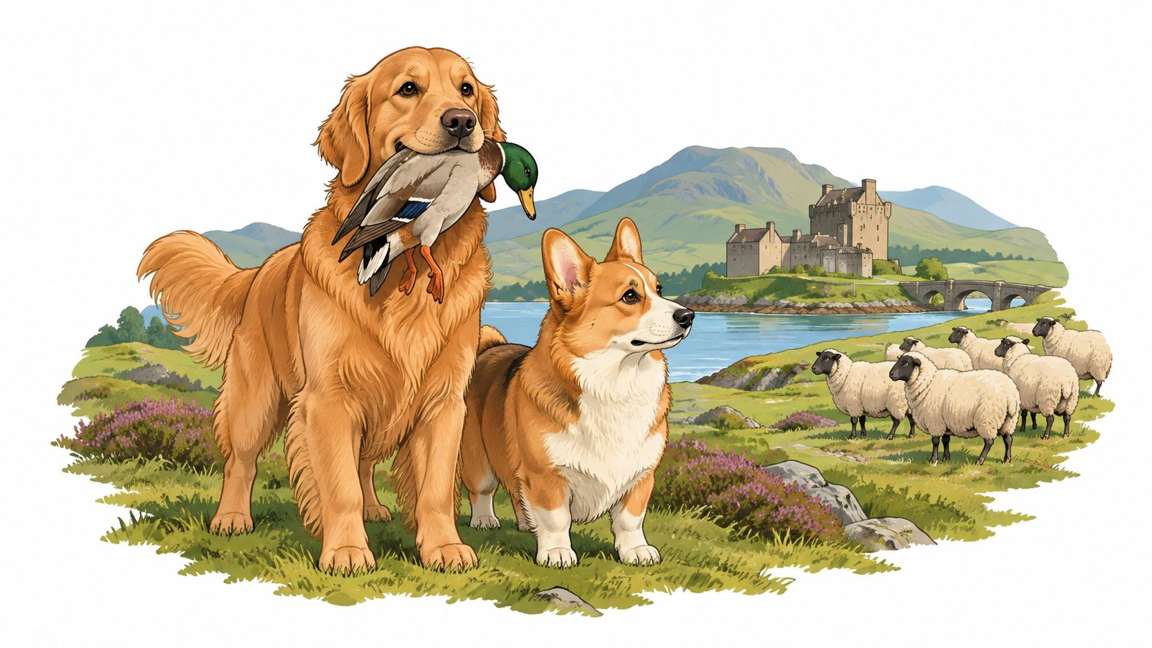 A golden retriever carrying a mallard duck and a corgi standing together in a scenic Scottish landscape.