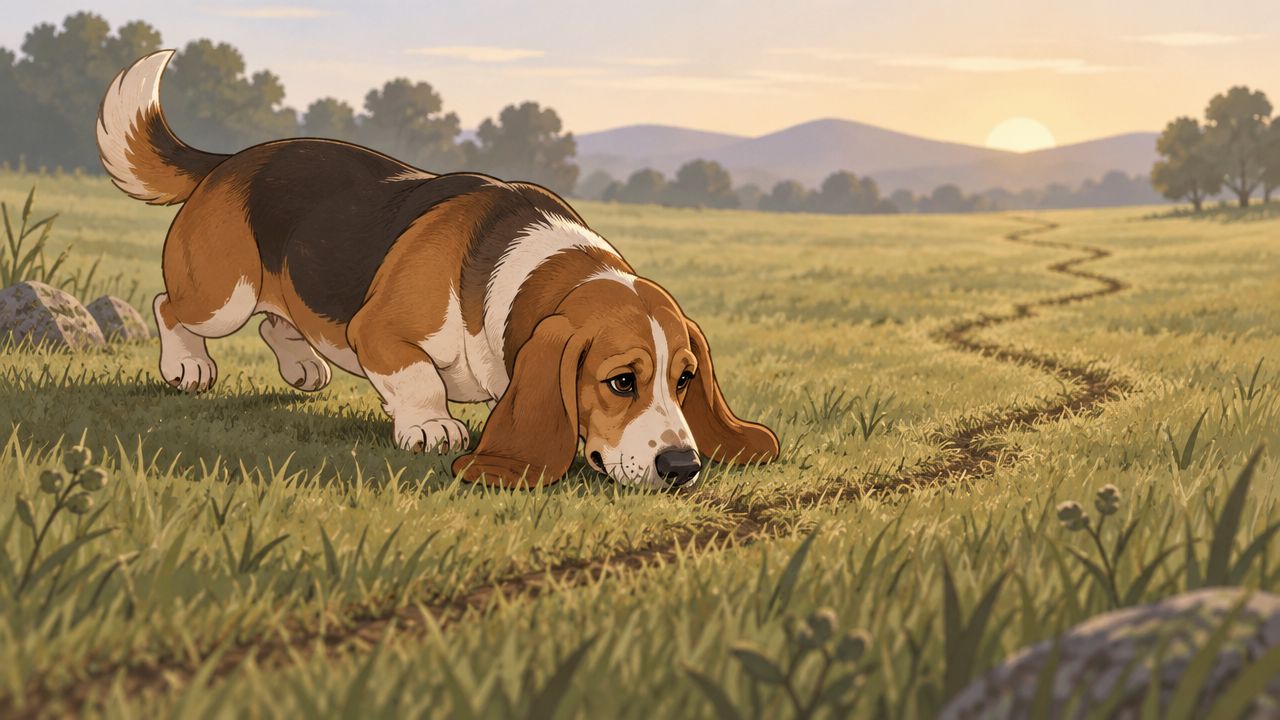 A cute corgi and bloodhound mix dog following a scent trail through a grassy field at sunset.