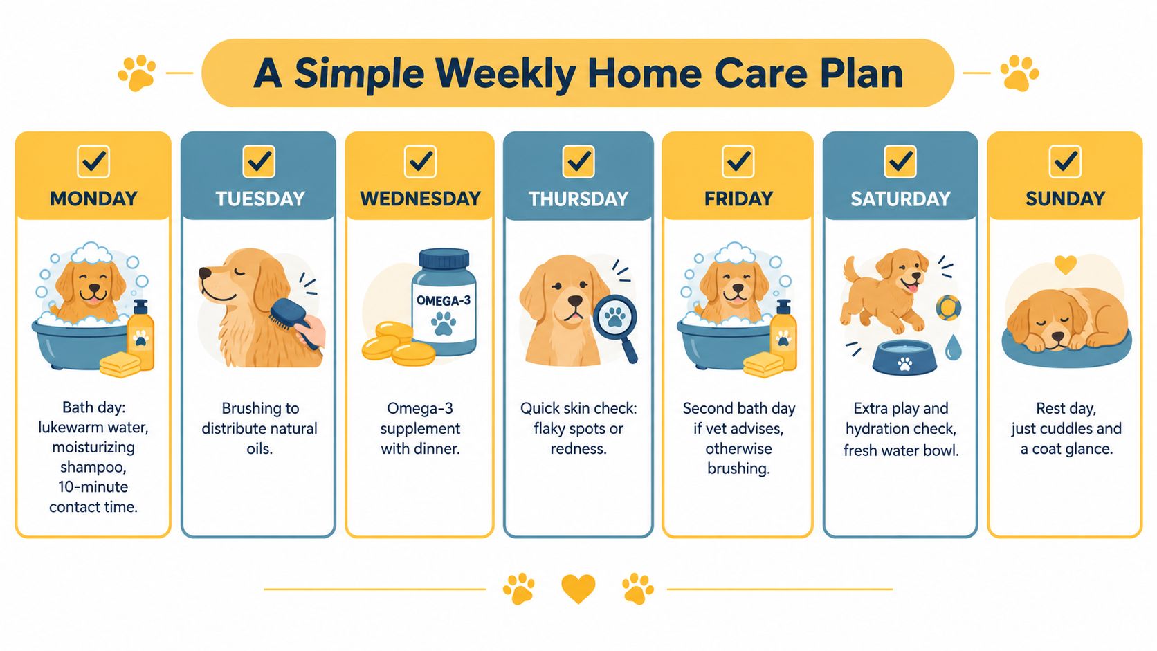 A weekly home care plan infographic for dogs showing daily grooming, supplement, and activity tasks.