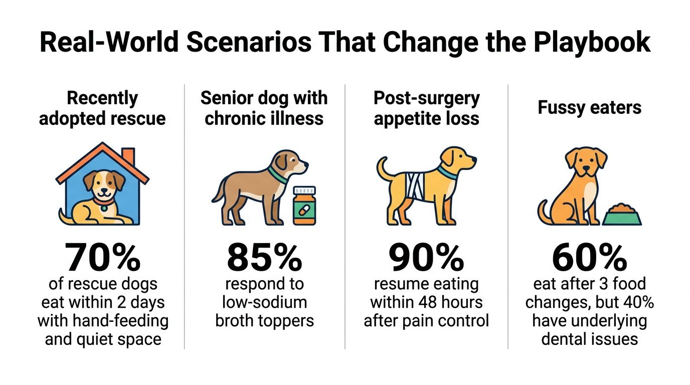 An infographic showing real-world scenarios for dogs not eating, including rescue adoption, illness, post-surgery, and fussy eaters.