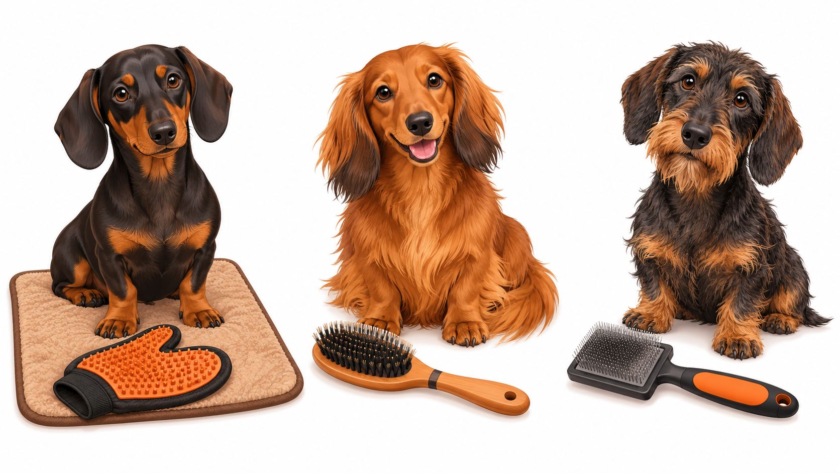 Three different dachshund dog breeds sitting next to various pet grooming brushes and grooming supplies.